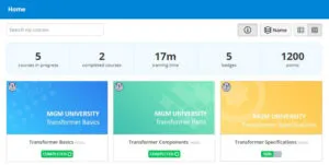 MGM Transformers University dashboard showing 5 courses in progress, 2 completed courses, and transformer training modules