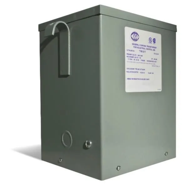 MGM Buck Boost Transformer with gray metal enclosure and specification label mounted on side