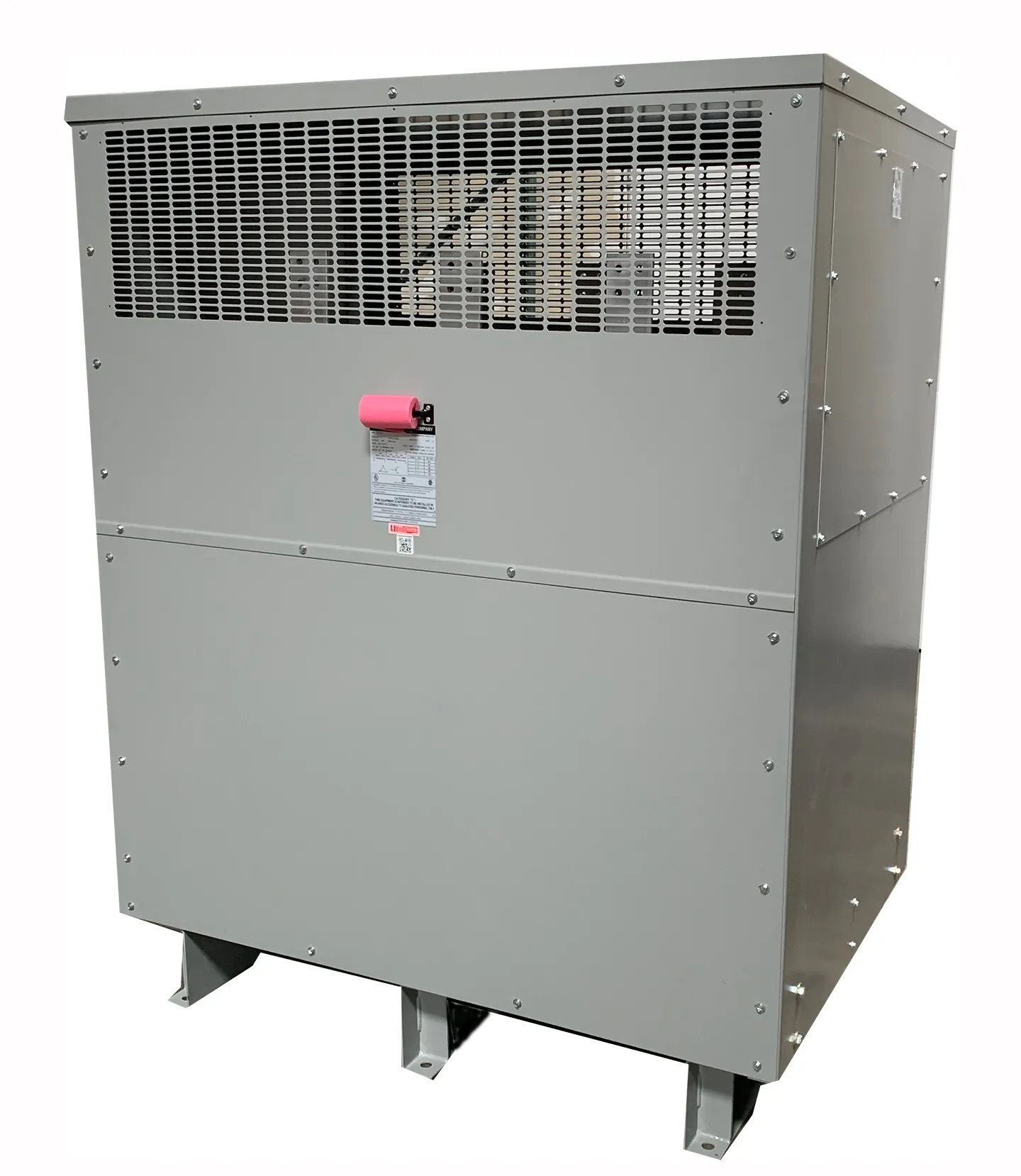 Industrial 750 kVA transformer unit in gray metal enclosure with ventilation grilles and pink disconnect switch