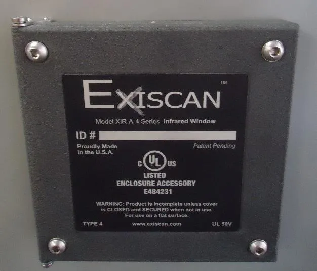 Exiscan Model XIR-A-4 Series infrared window enclosure accessory with mounting hardware