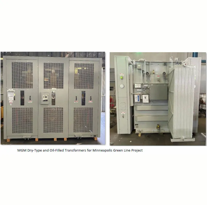 MGM dry-type and oil-filled transformers for Minneapolis Green Line Project showing front and interior views