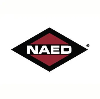 NAED logo, diamond-shaped black and red emblem with white text