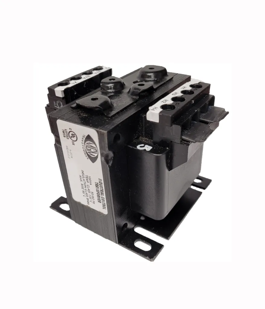 Control power transformer with multiple terminal connections and mounting base for industrial applications