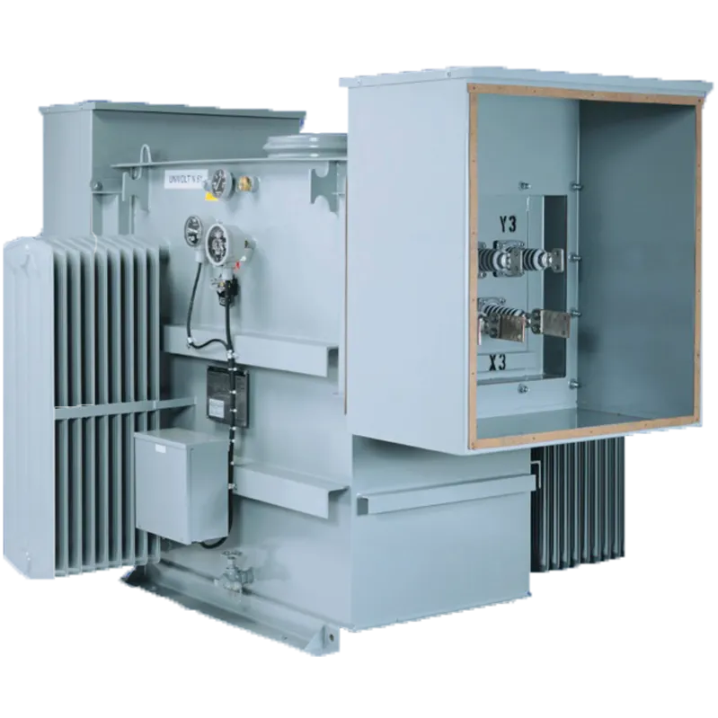 Liquid filled oil distribution substation transformer with open doors showing internal electrical components and cooling fins
