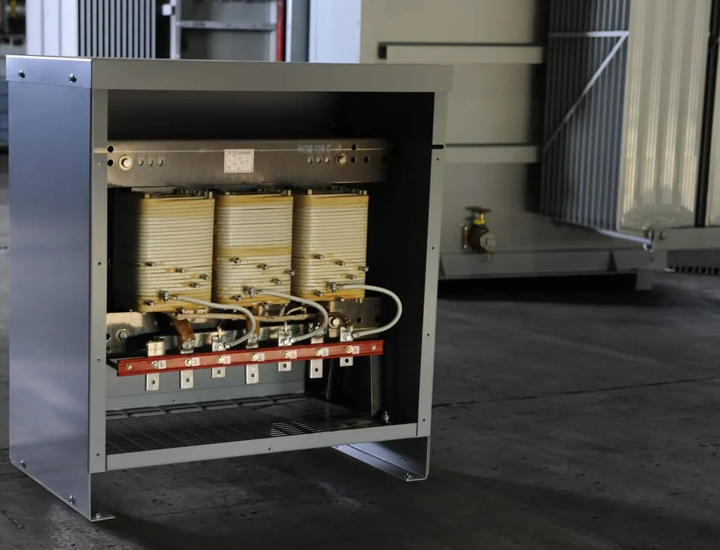 Industrial transformer with three copper coils and control panel in MGM Transformers product gallery