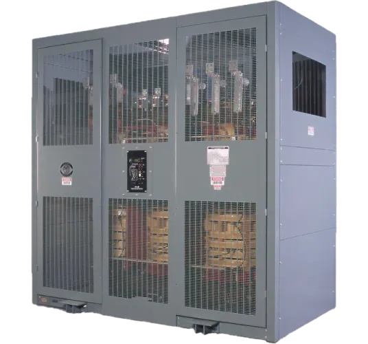 Industrial dry substation with ventilated enclosure containing transformer components and electrical equipment