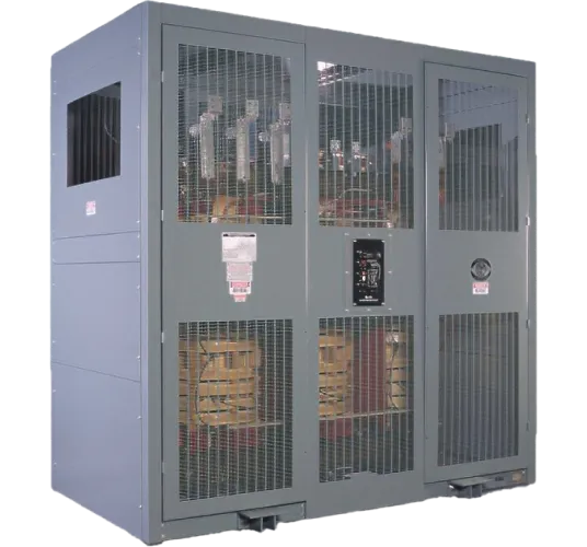 Gray industrial dry substation enclosure with ventilated mesh panels and internal transformer components visible