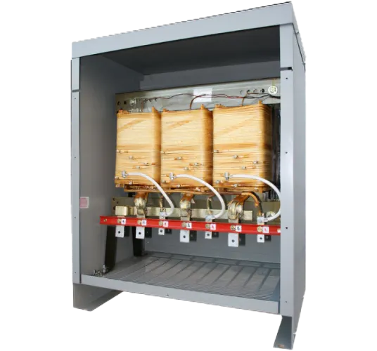 General purpose dry-type transformer with three copper windings and red circuit breakers in metal enclosure