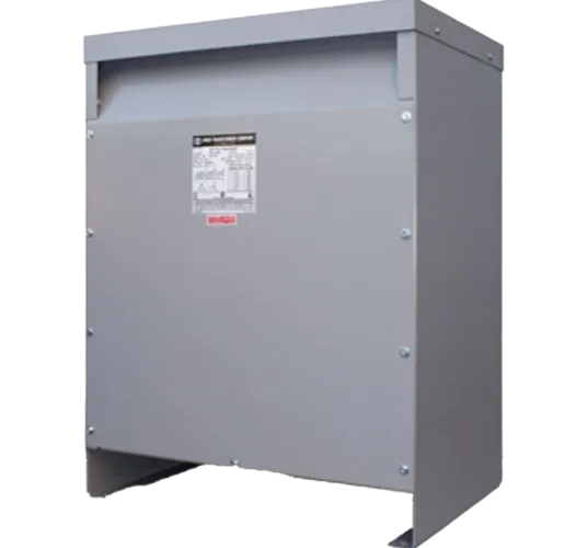 Gray general purpose dry-type transformer with metal enclosure and nameplate label