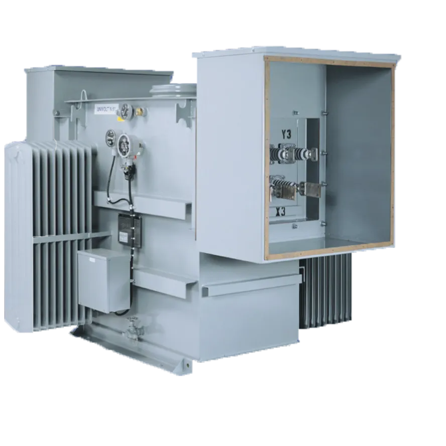 Industrial liquid-cooled power transformer with open panel showing internal electrical components and cooling system