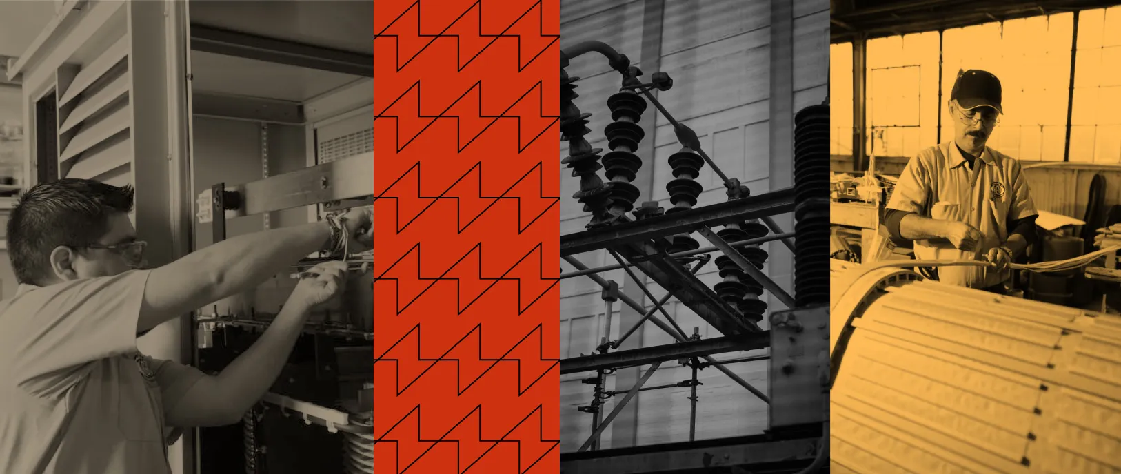 Collage showing transformer manufacturing: technician assembling electrical components, red geometric pattern, industrial