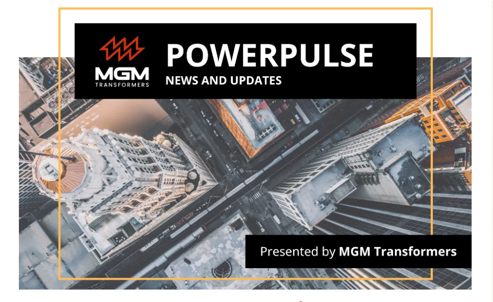 MGM Transformers PowerPulse newsletter header with aerial city skyline view and orange design accents