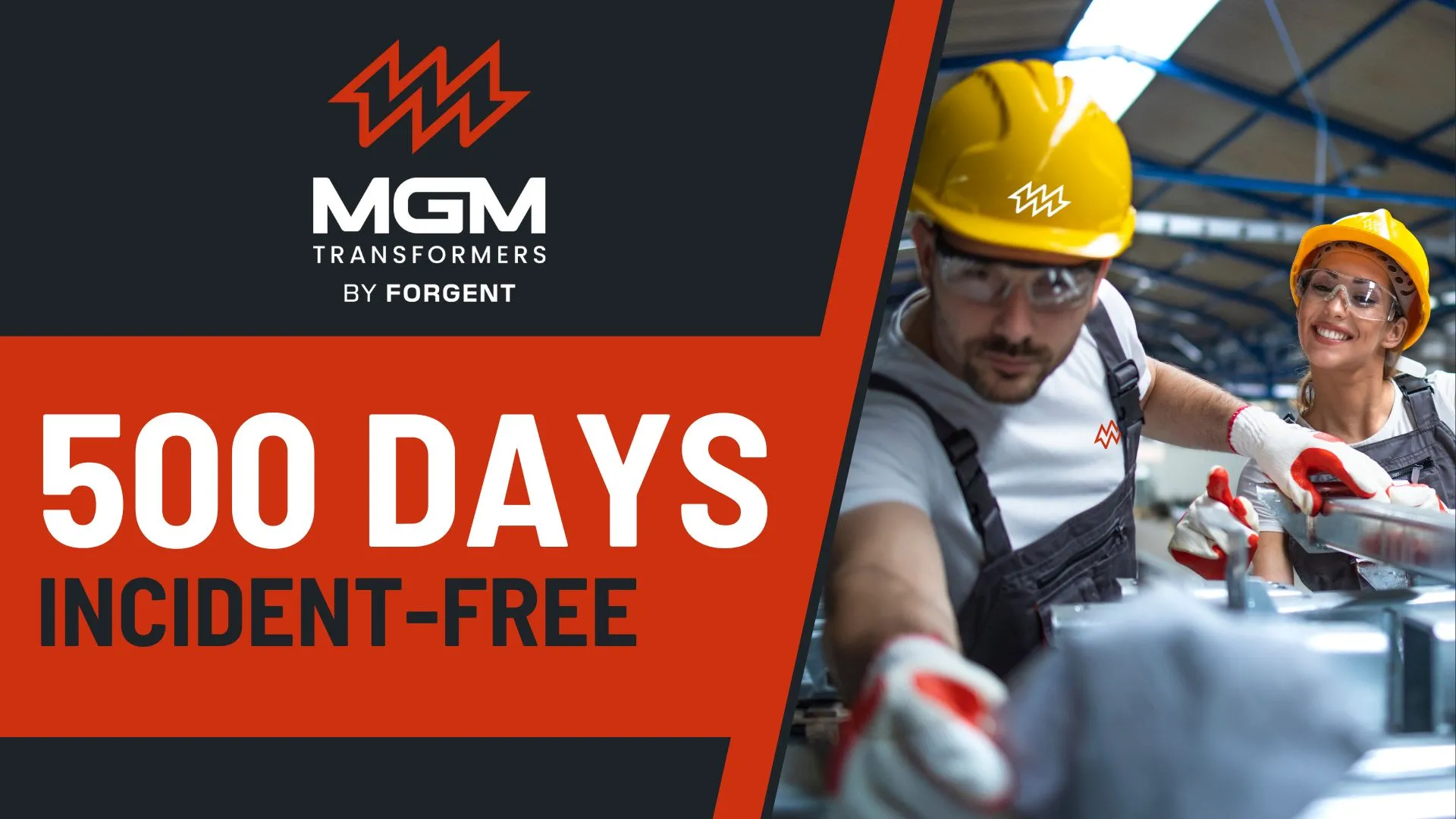 MGM Transformers workers celebrating 500 days incident-free safety milestone in manufacturing facility