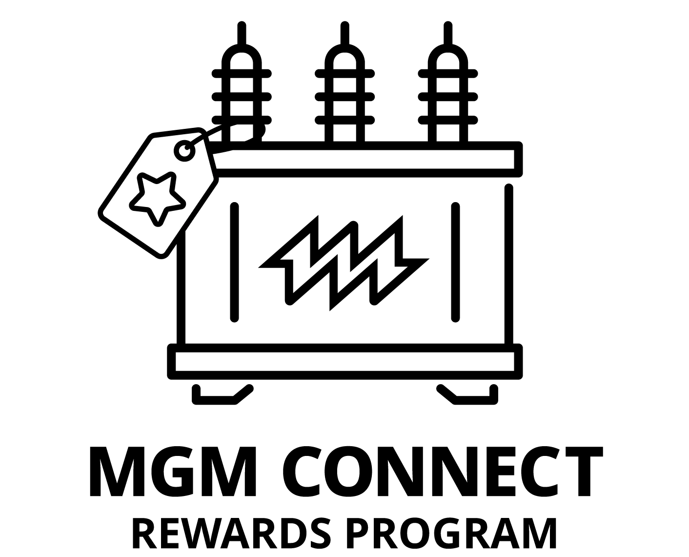 MGM Connect Rewards Program logo featuring an electrical transformer with lightning bolt symbol and star tag