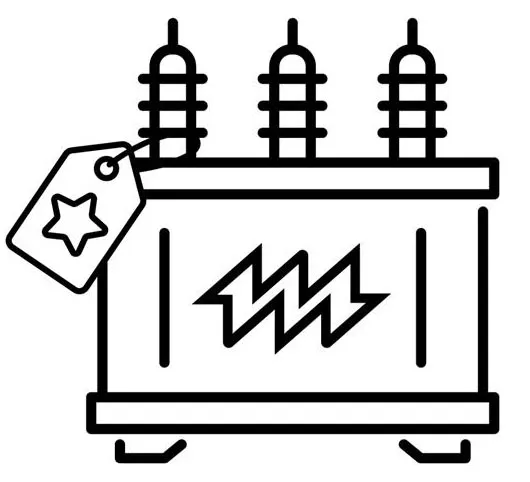 Electrical transformer with lightning bolt symbol and sale tag icon outline