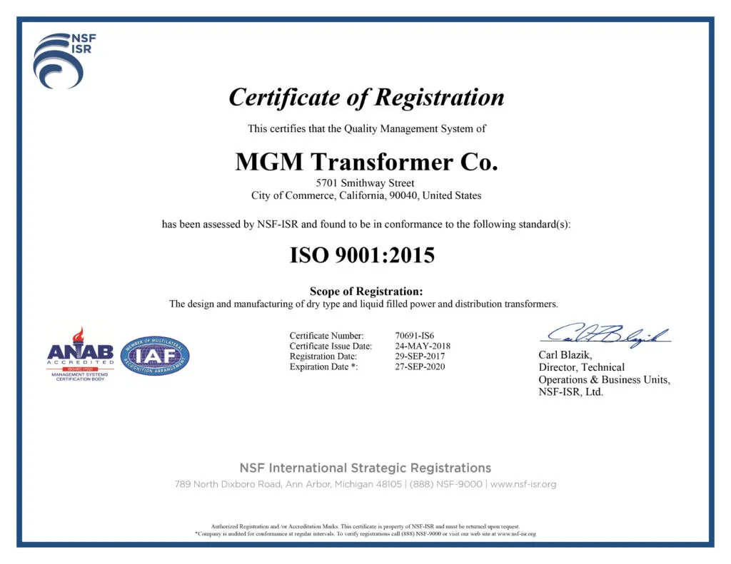 NSF-ISR ISO 9001:2015 Certificate of Registration for MGM Transformer Co. quality management system