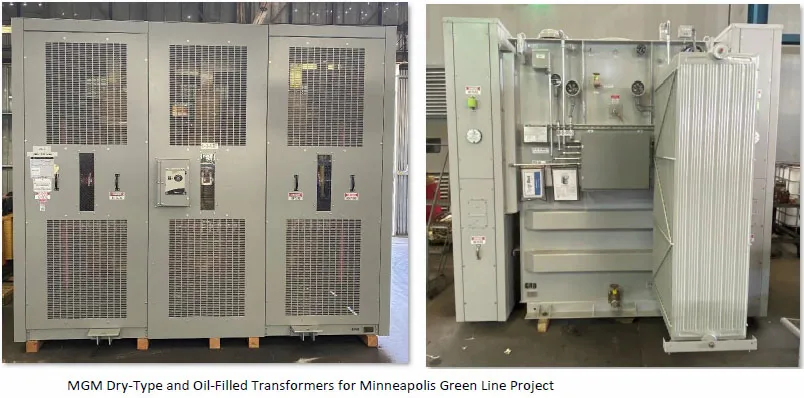 Dry-type and oil-filled transformers for Minneapolis Green Line Project showing front and interior views