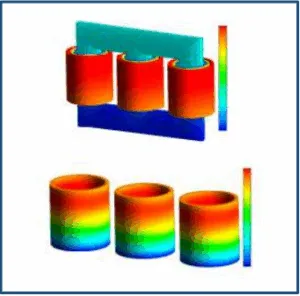 3D thermal gradient visualization showing temperature distribution across rectangular and cylindrical transformer components