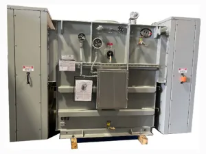 Industrial substation transformer with open cabinet doors showing internal electrical components and wiring