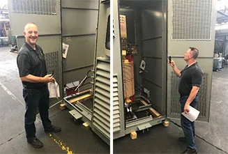 Two technicians inspecting MGM power transformer installation at US Steel facility during maintenance checkup