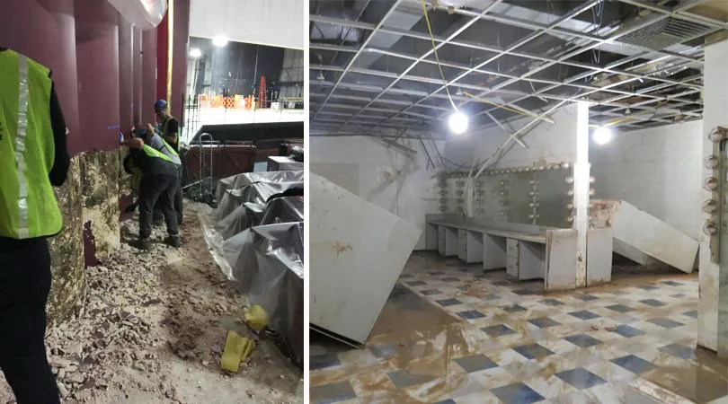 Hurricane Harvey damage in Wortham Theater with workers assessing flooded basement and emergency transformer restoration